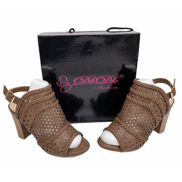 Brown Perforated Braided Peep Toe Block Heel Western Singback Sandals 7.5 - Picture 2 of 12